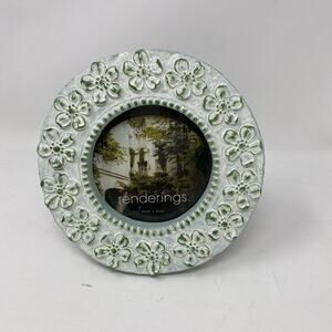 White washed green round photo frame with flowers 6.5”